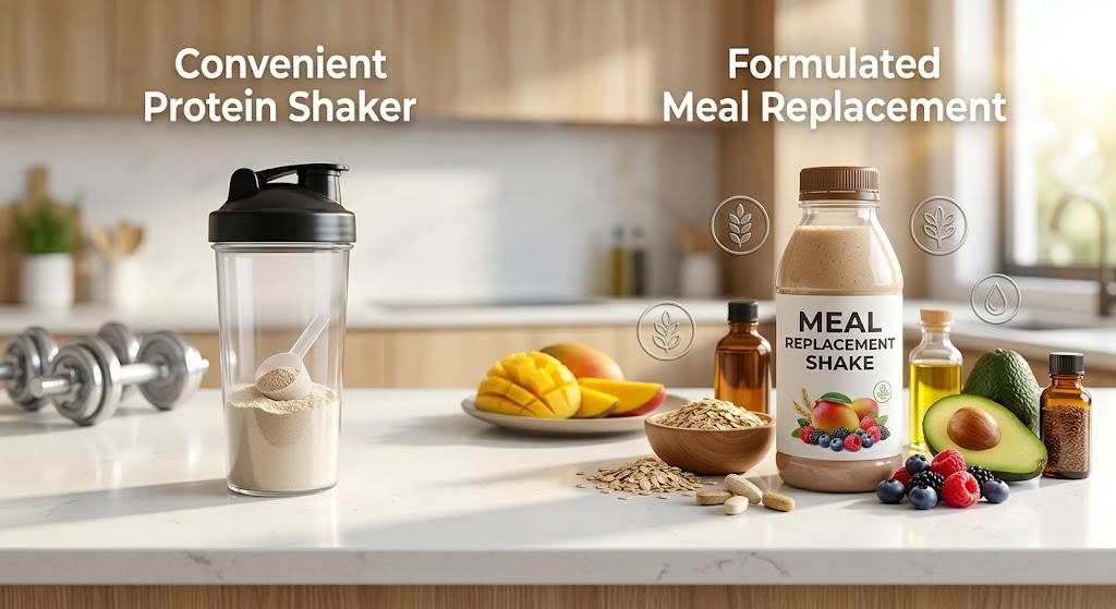An infographic comparing a basic protein shaker on the left representing convenience with a meal replacement shake on the right with nutrient icons and fresh ingredients including oats, avocado, and berries.