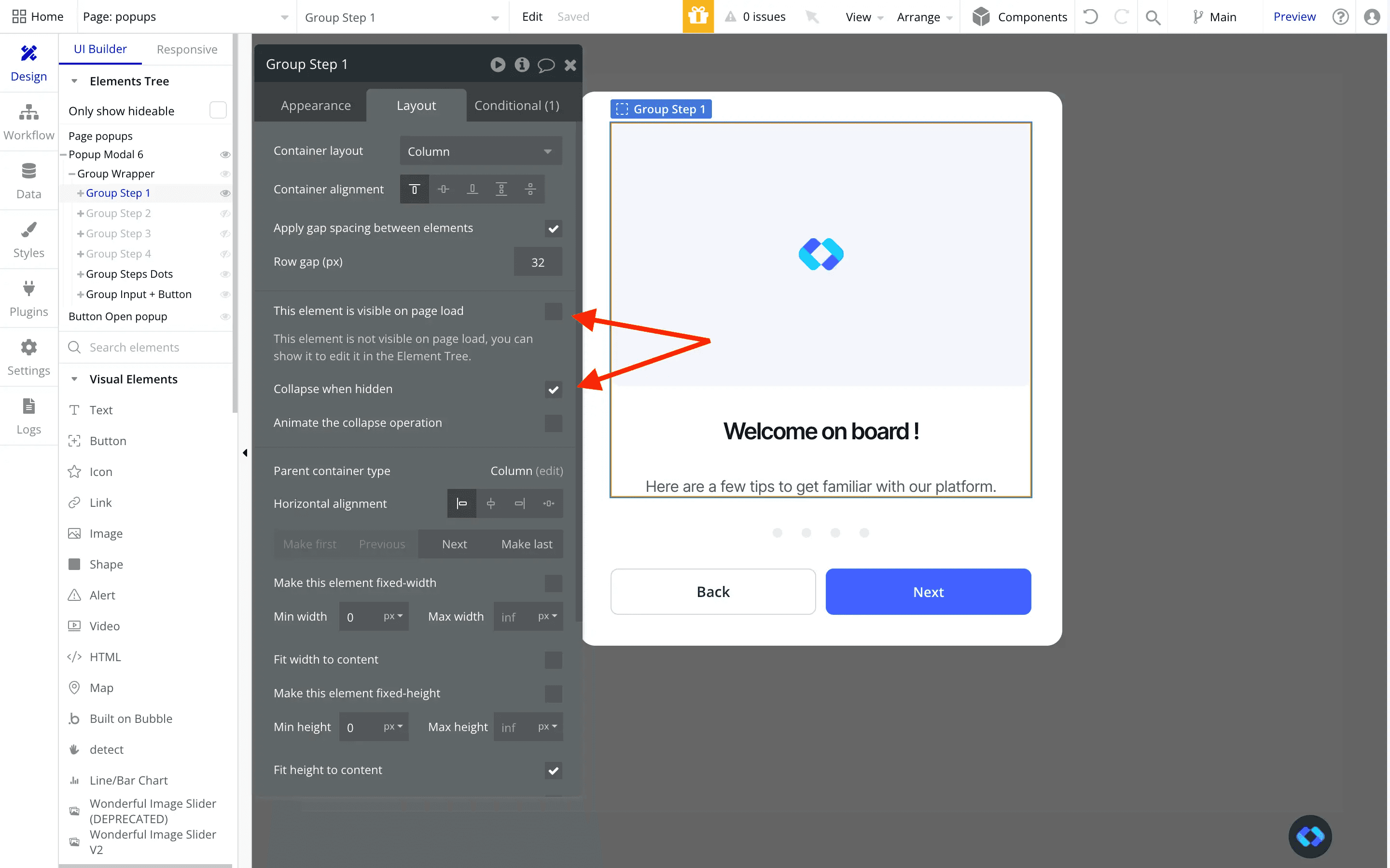 hiding elements in bubble