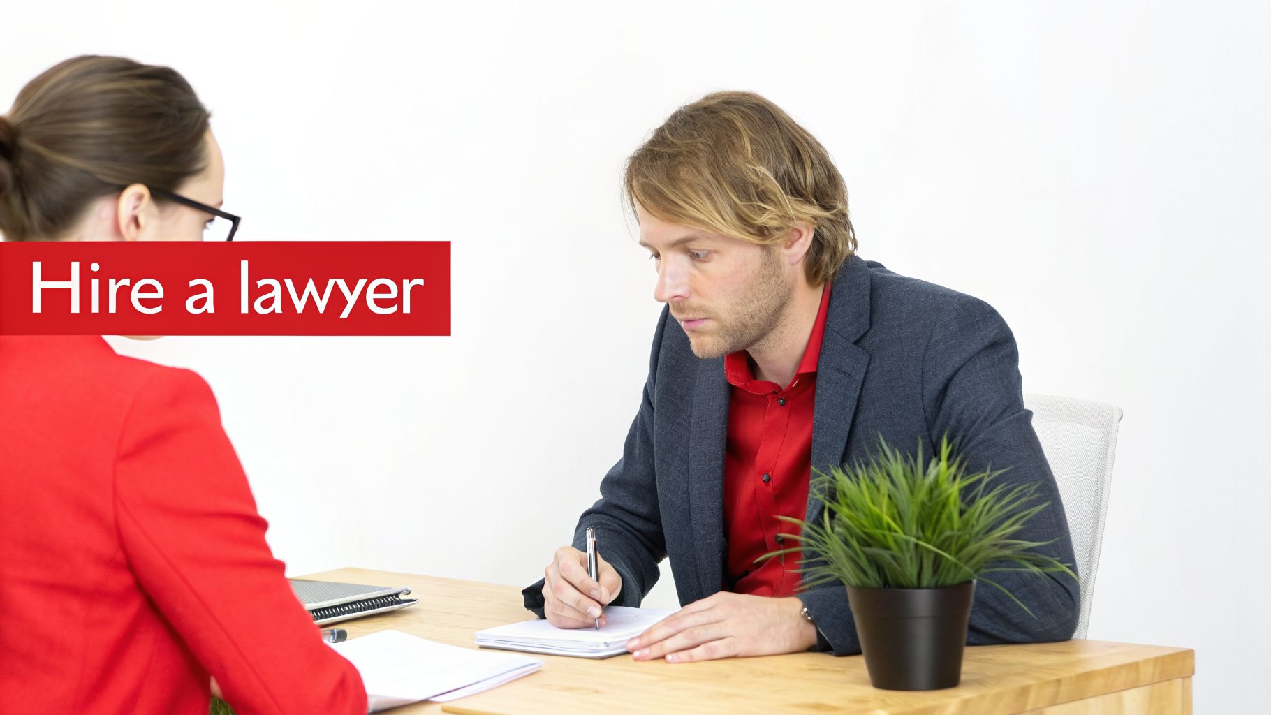 Two people are seated at a desk, with a woman in a red blazer facing a man who is writing in a notebook. The text