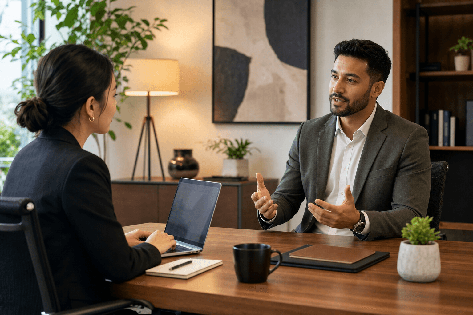 A professional client meeting scene showing two people in a modern office, one taking notes on a laptop while the other speaks, warm lighting, clean workspace, business casual attire, realistic illustration style
