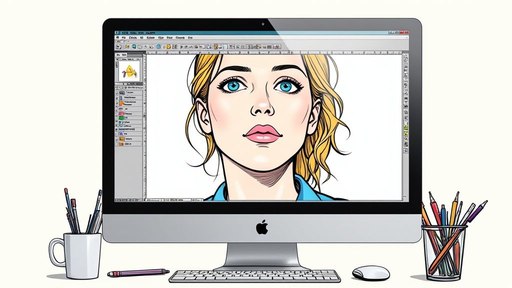 Eine Person bearbeitet ein Porträtfoto an einem Computer mit einem kostenlosen Online-Tool, um Helligkeit und Kontrast anzupassen.