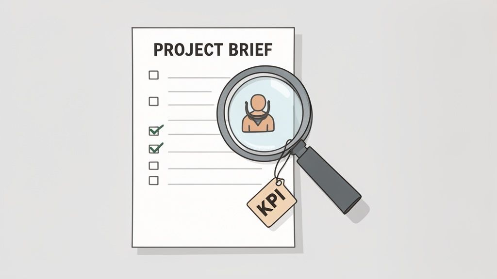 A magnifying glass over a project brief document, highlighting a medical icon and a 'KPI' tag.