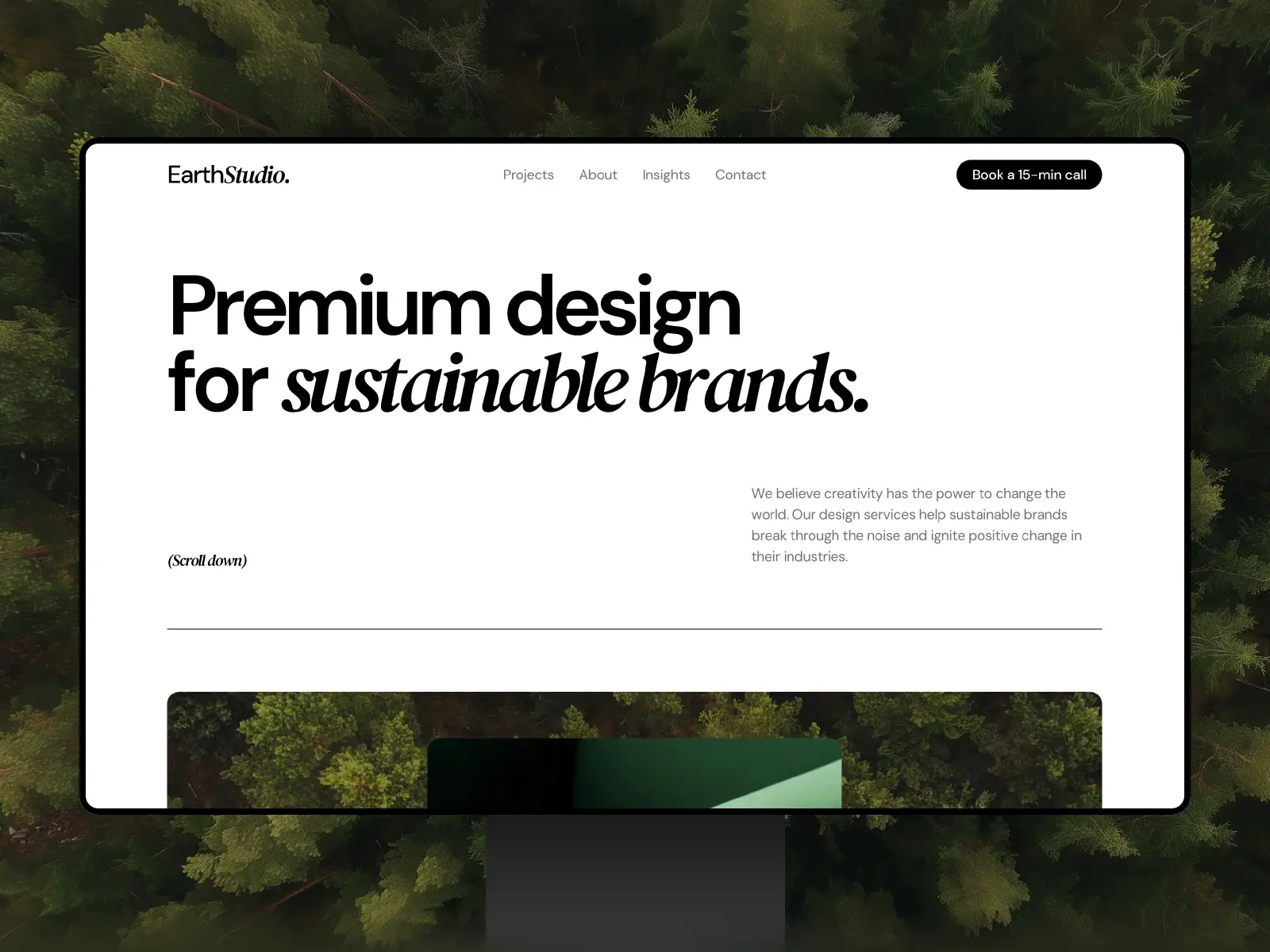 Preview of the EarthStudio Framer template homepage for a sustainable branding and design agency.