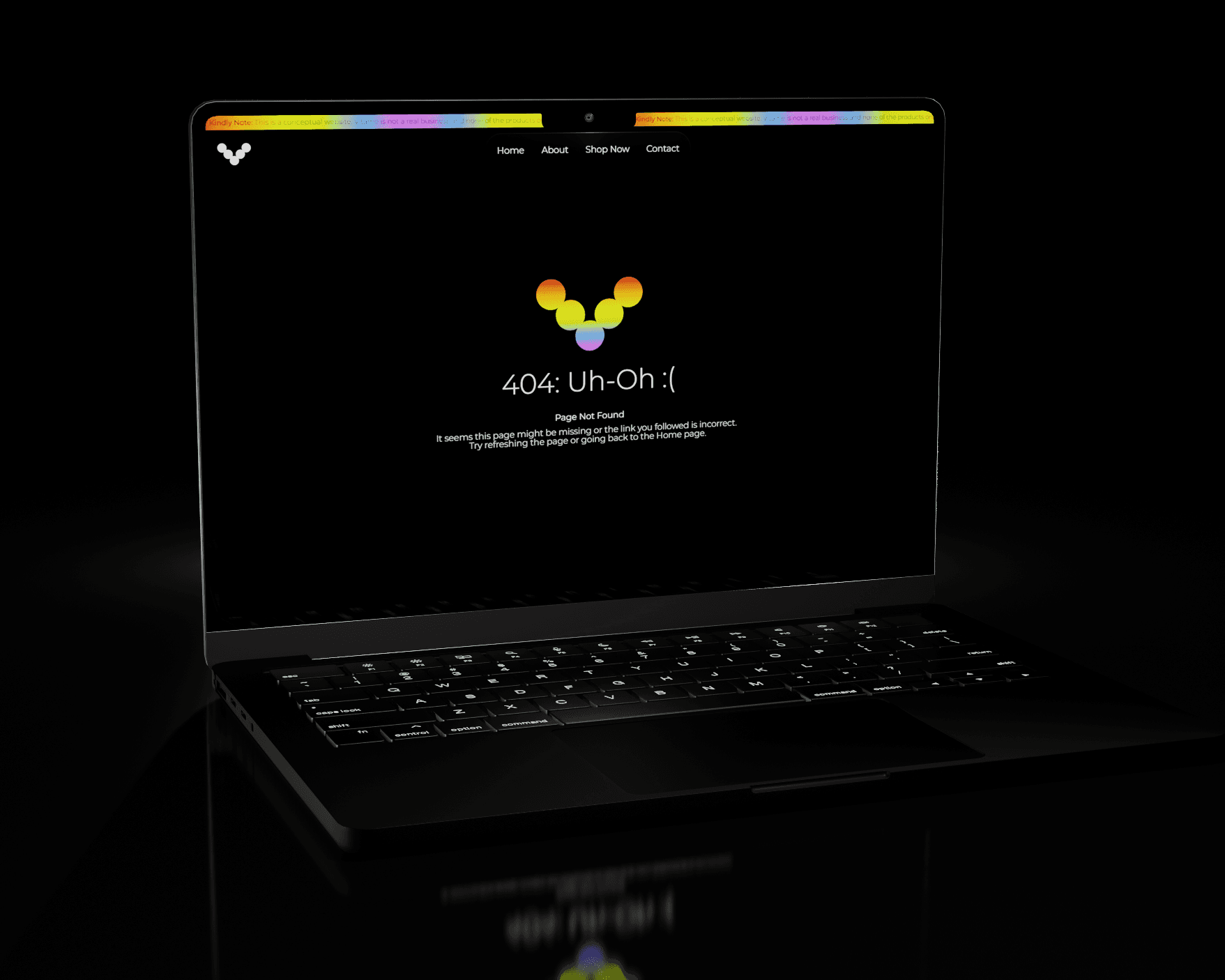 A laptop showing the 404 page from the Vitame website on the screen. The page features the brand logo in a vibrant rainbow gradient with the words "404. Uh-Oh :(" below it, placed in the middle of the screen. The laptop is black and is featured against a solid black background.