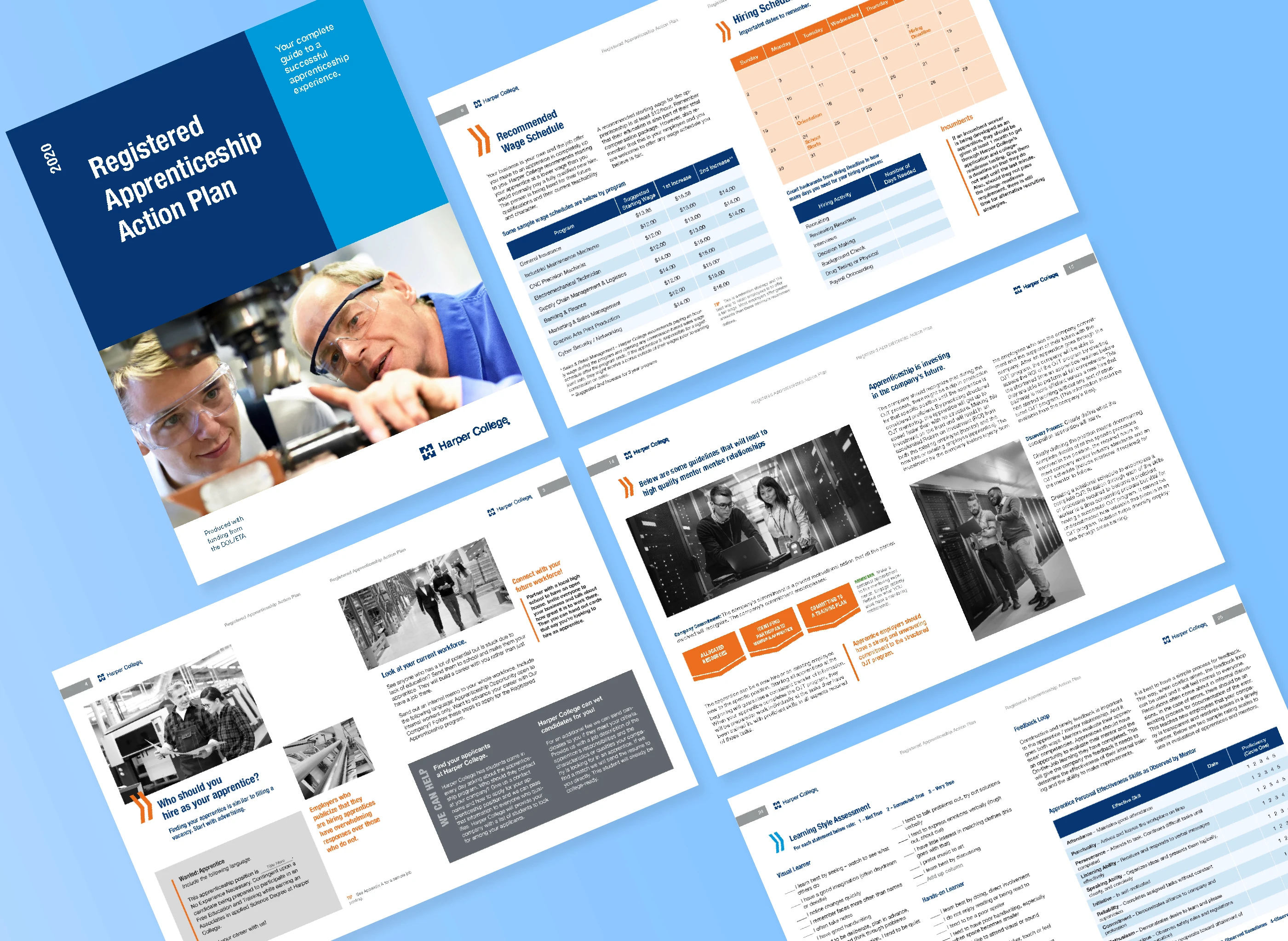Display of Harper College apprenticeship workbook spreads.