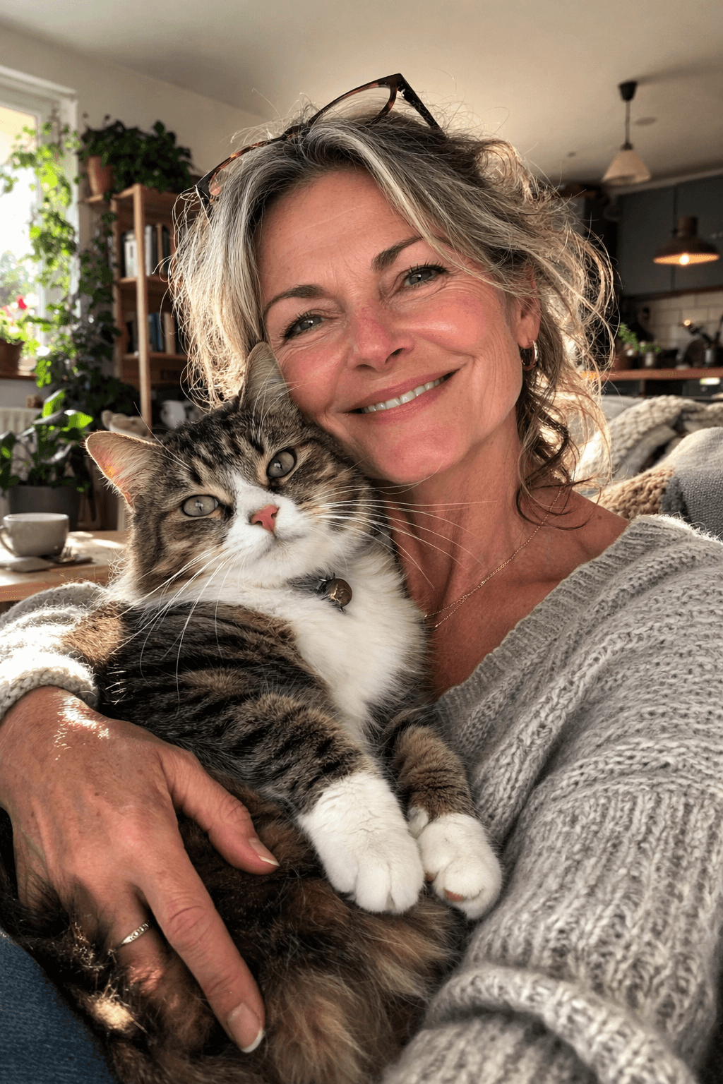 Freundliche Frau (50+) mit Katze im Arm in ihrem Zuhause, lächelt zufrieden in die Kamera – steht für finanzielle Entlastung durch einen Eigentümerkredit trotz Schufa, sichere Immobilienlösung für Hausbesitzer in Deutschland