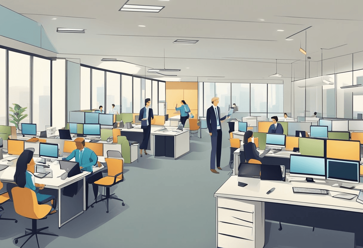 A bustling office with employees engaged in various tasks, while a manager leads a training session on downshifting strategies