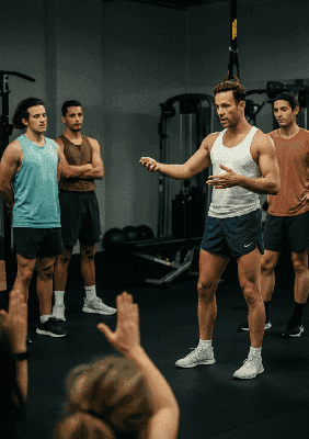 Trener personalny szkolący grupę na siłowni