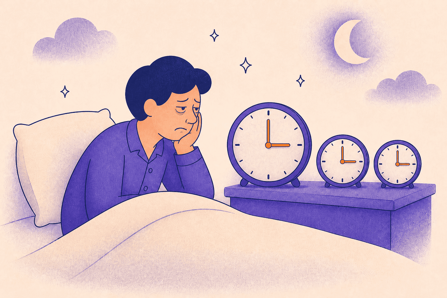 A tired purple-pajama figure sitting up in bed at night with a weary frown, staring at three bedside clocks that all show the same time.
