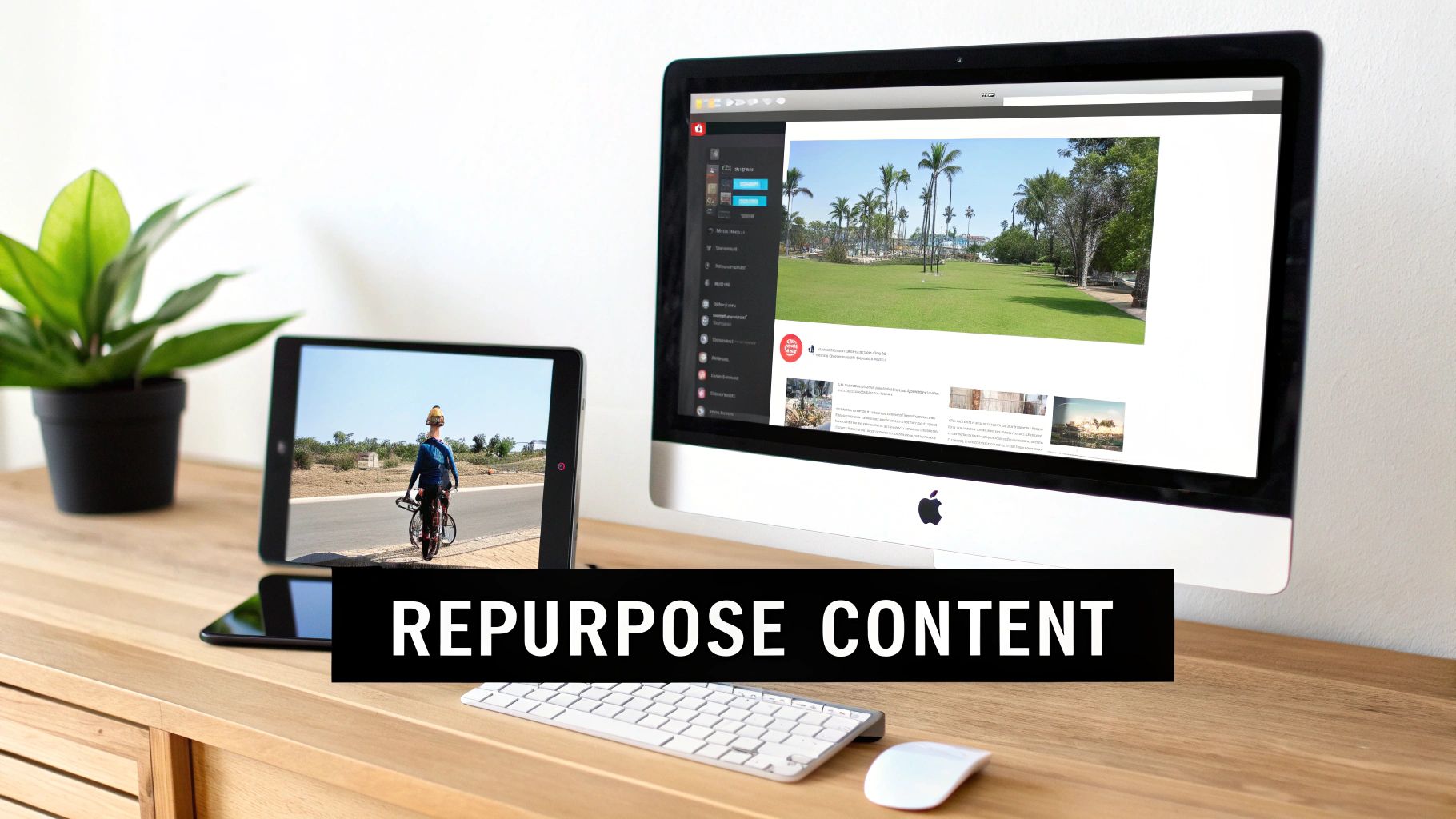 A modern workspace setup with desktop, tablet, and plant, featuring a 'REPURPOSE CONTENT' banner.