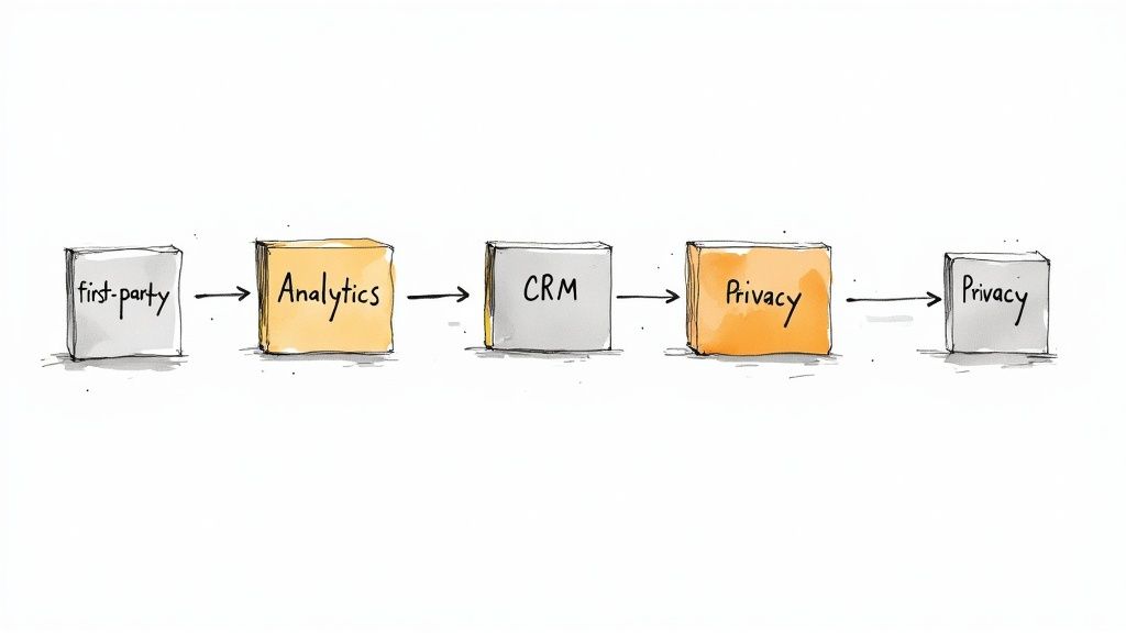 Three interconnected blocks labeled 'Data,' 'Tools,' and 'Insights,' representing the core components of a data-driven strategy.