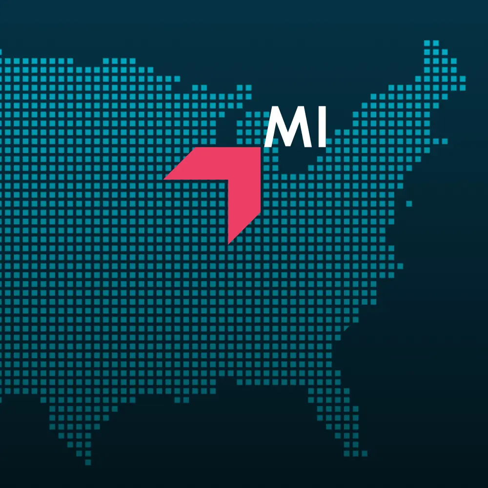 Map highlighting Michigan with a red arrow, representing GIA Group, LLC truck insurance coverage area.