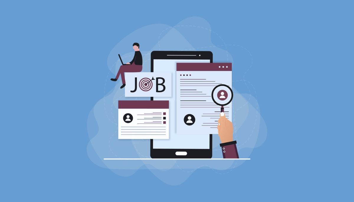 Illustration of a tablet displaying multiple candidate profiles with a magnifying glass examining one, while a person sits above working on a laptop next to a ‘JOB’ sign, symbolizing how position descriptions guide hiring.
