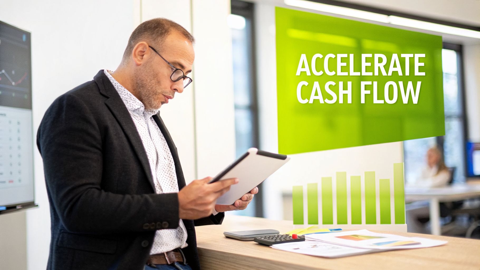 Businessman analyzing data on a tablet in a modern office with an 'ACCELERATE CASH FLOW' display.