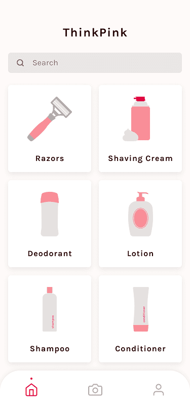 Mockup of the homepage on ThinkPink mobile app