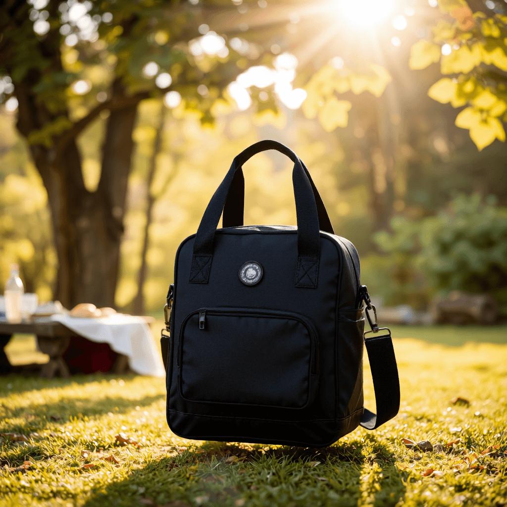 product photography of a black insulated lunch bag