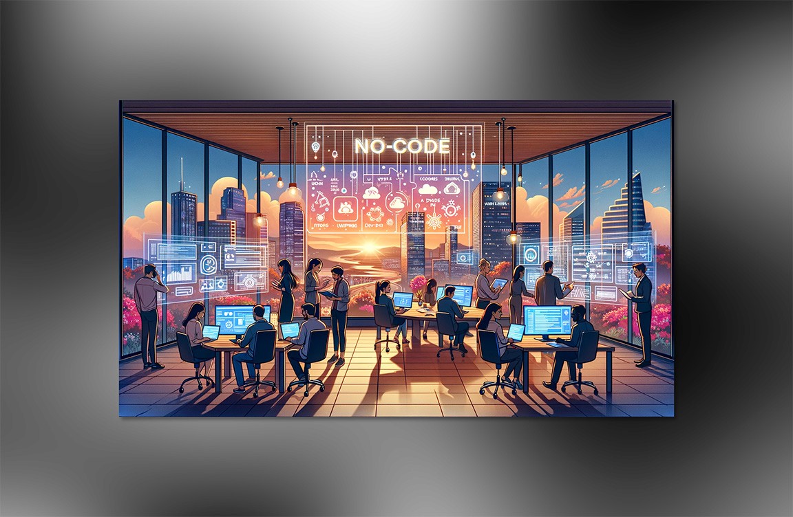 Futuristic office space with panoramic city view at sunset. "NO-CODE" in neon lights surrounded by tech icons. Diverse team working on computers and tablets, interacting with holographic interfaces. Represents the efficient, collaborative nature of no-code development for rapid prototyping and MVPs in Lucas Ostrowski's vision of the future of software creation.