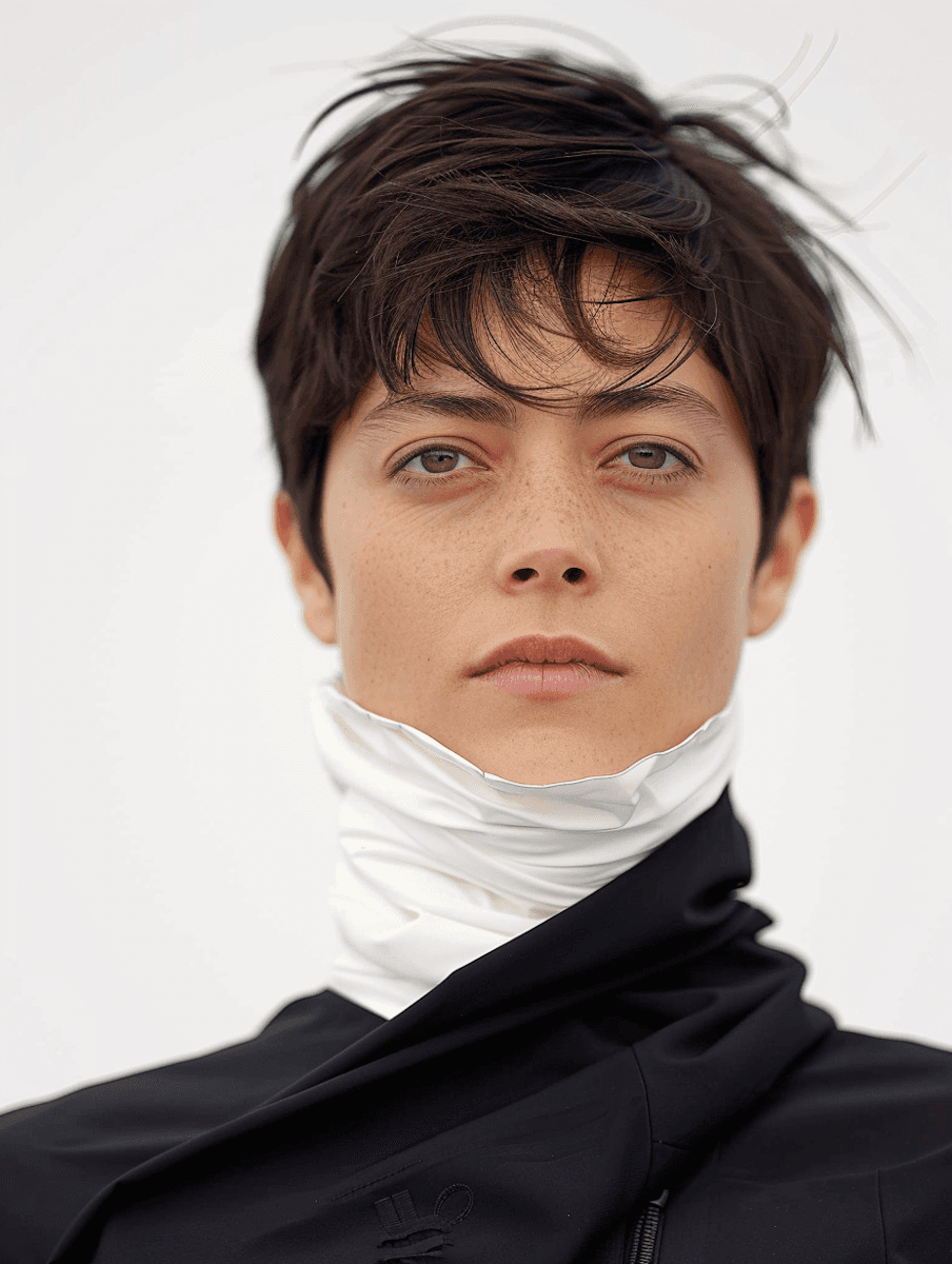 A man with short, wavy dark hair looks to the left, wearing an olive green high-collared jacket. The setting is minimalistic with soft lighting.