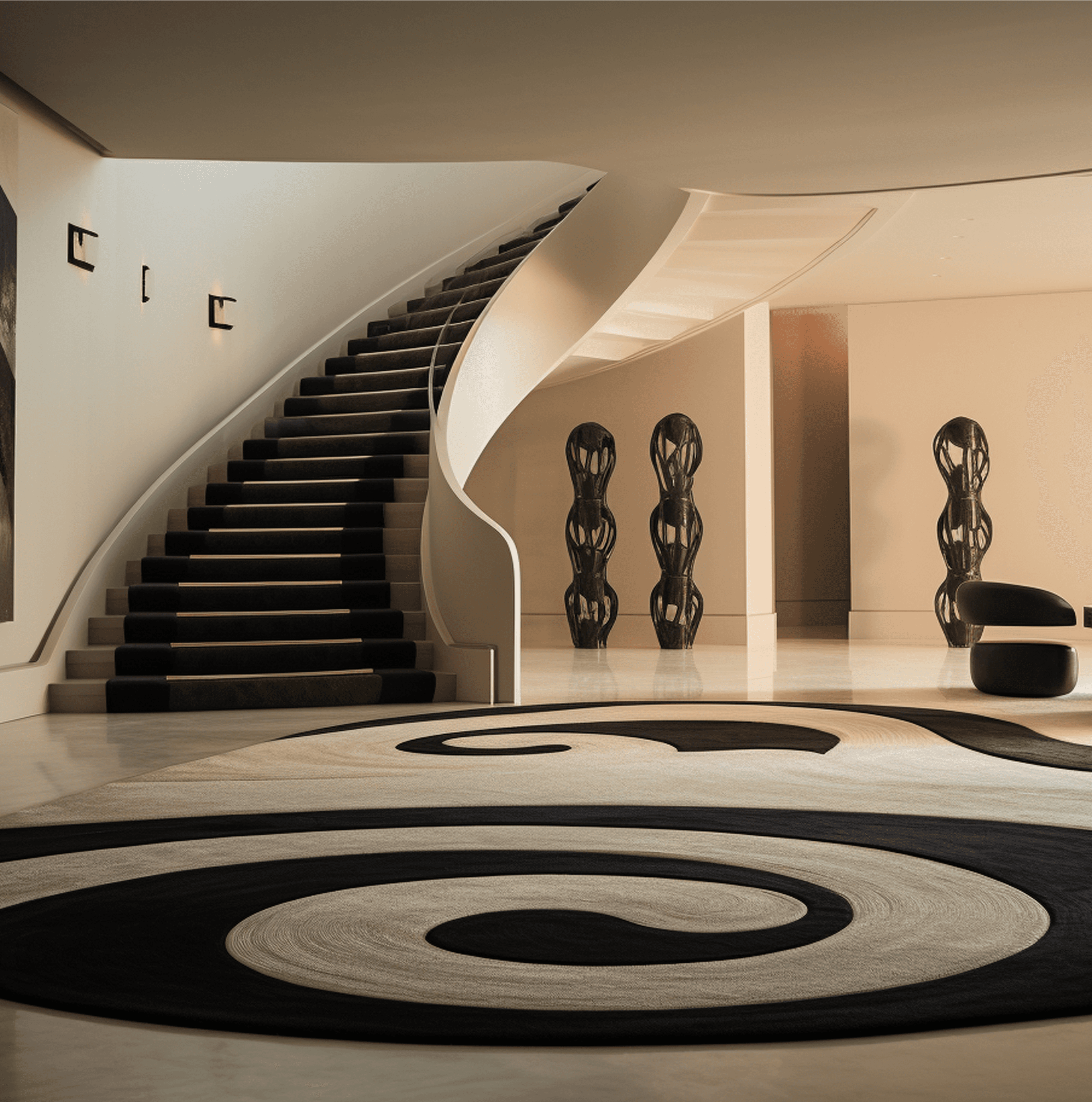 Modern staircase in a stylish entryway with a spiral pattern rug and minimalist decor.
