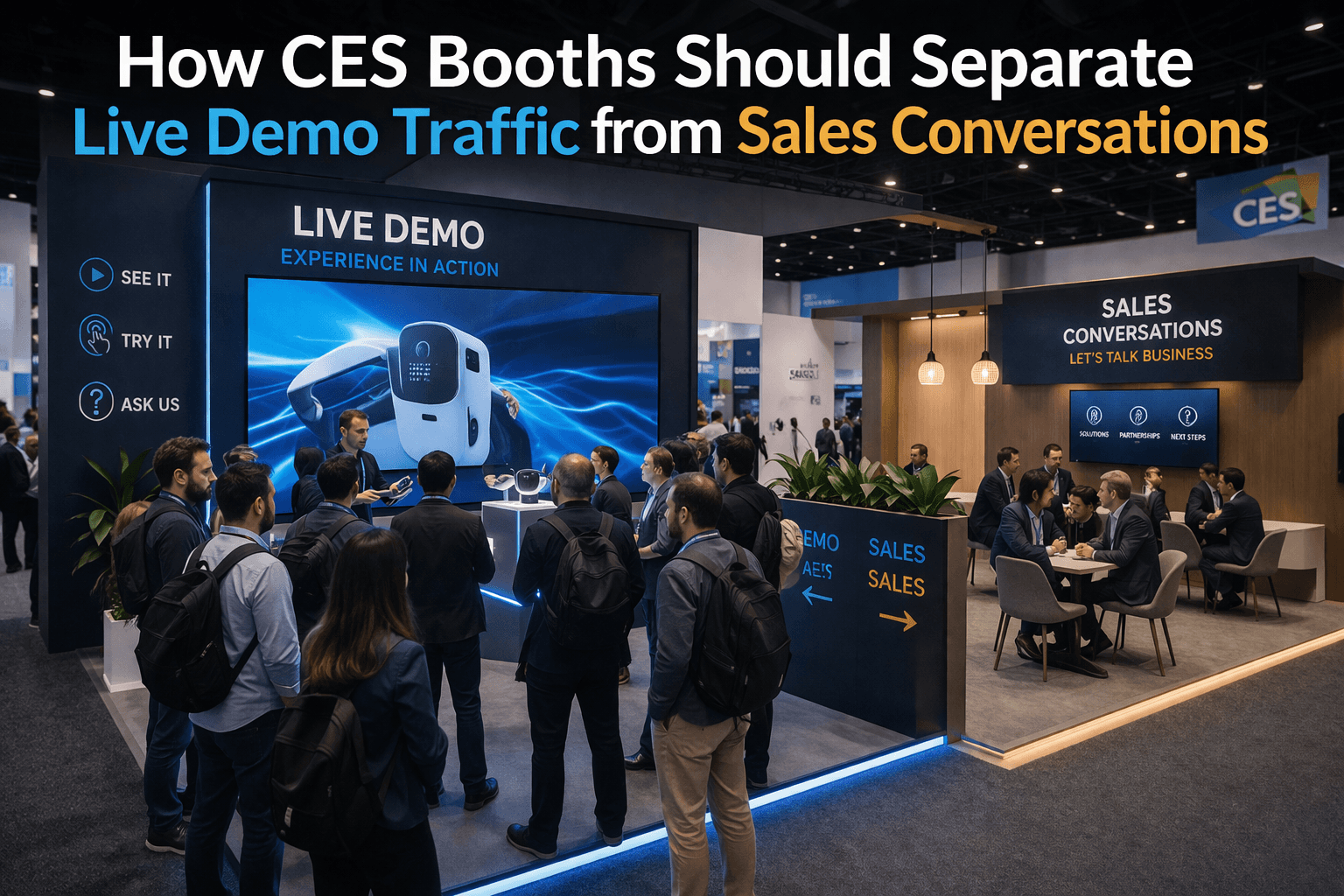 CES booth layout in Las Vegas with a front live demo zone, rear sales conversation area, and clear separation between audience flow and meeting space
