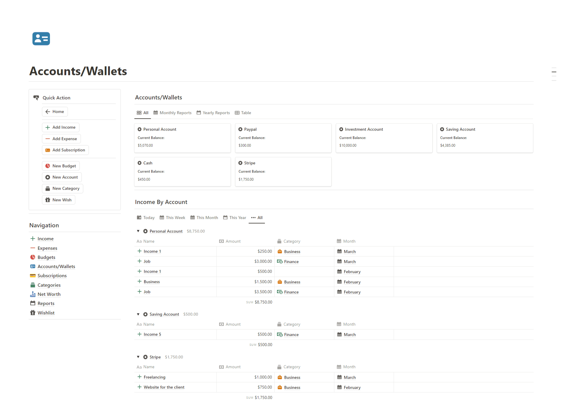 Accounts and Wallets Manager - Notion Finance Tracker OS