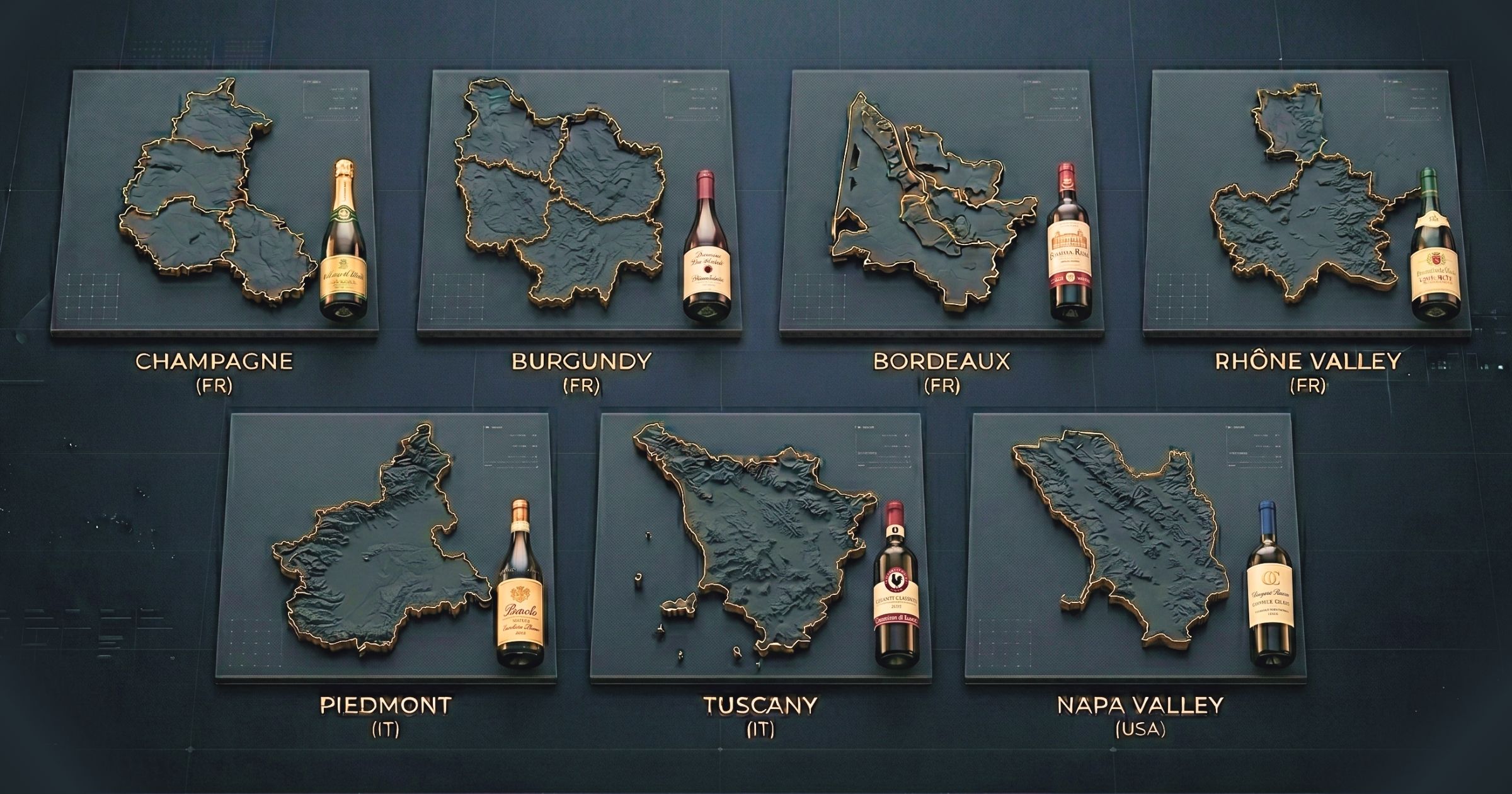 an illusatration of the 7 regions for investment-grade wines