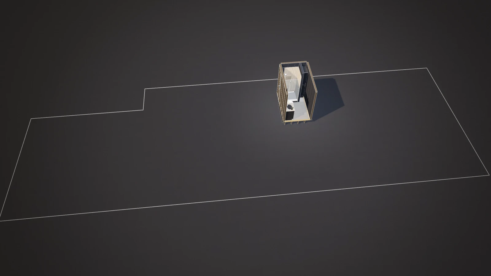 Dark plan of an example ranch house, drawn only as a faint outline; the hall bathroom alone is built, lit and edged in brass
