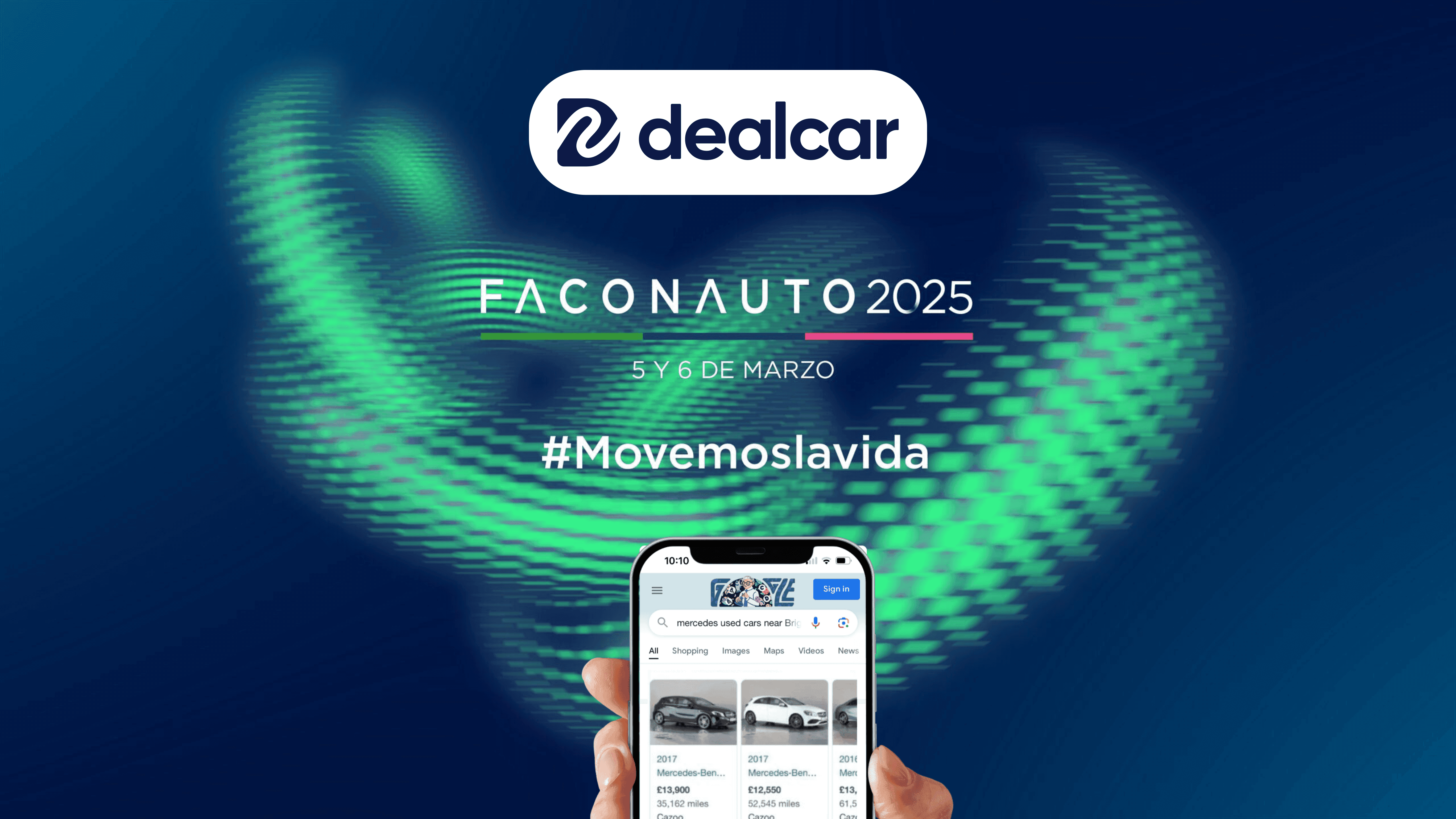 Dealcar Faconauto 2025 event promotion with a phone displaying car listings.