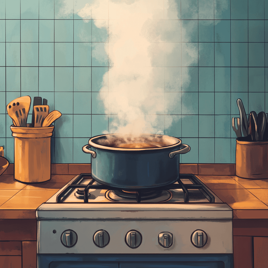 a pot steams and threatens to boil over on top of a stove bookended by cooking utencils