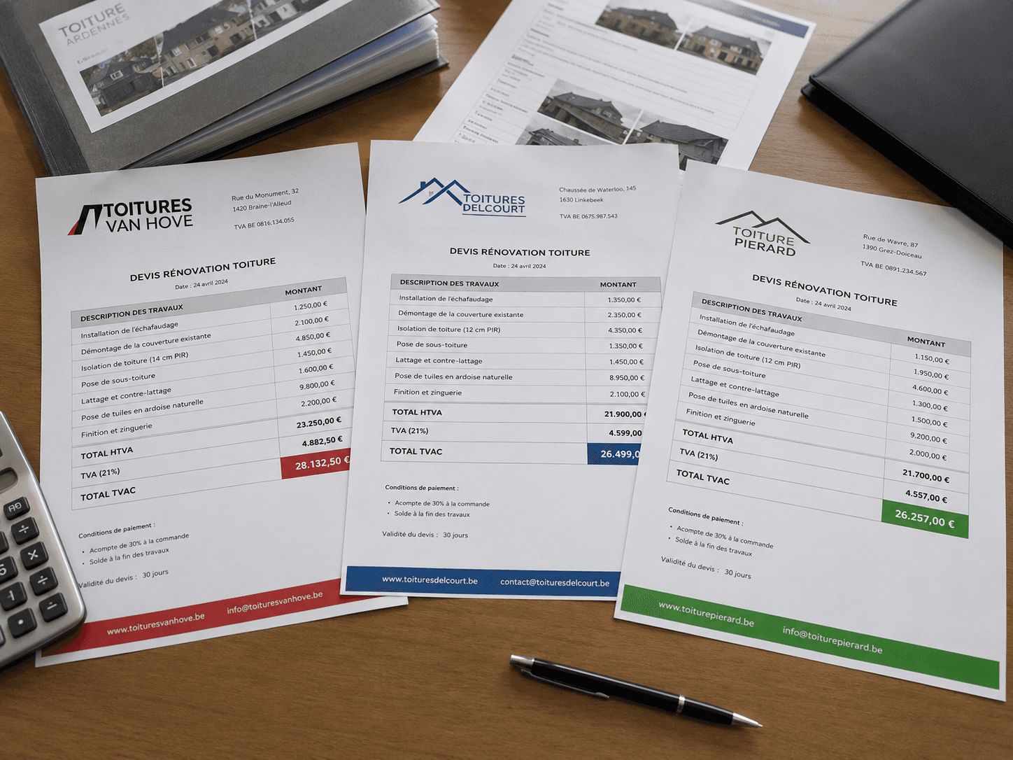 Comparaison de devis de rénovation de toiture en Belgique avec analyse des prix et prestations