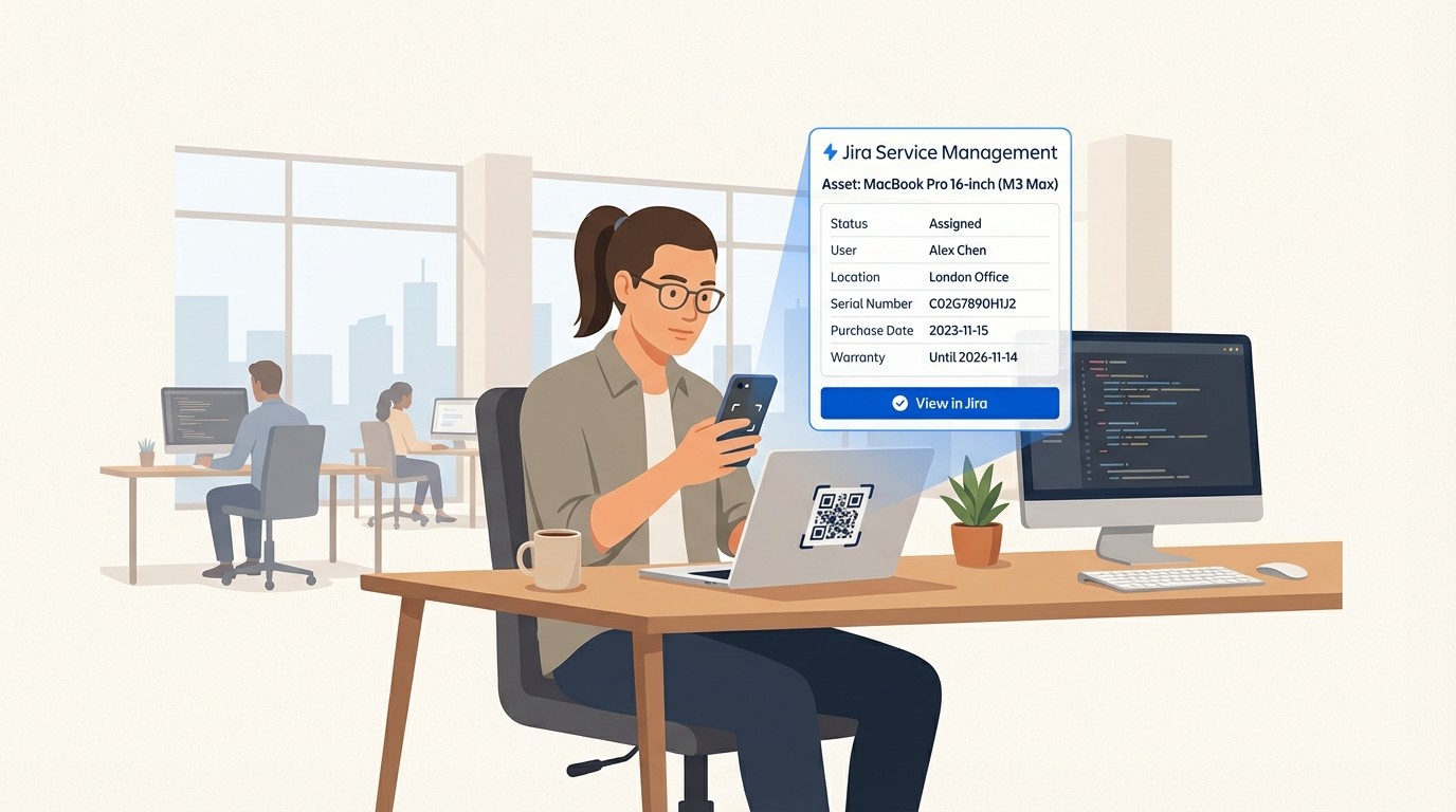 IT team verifying hardware using mobile auditing in Jira