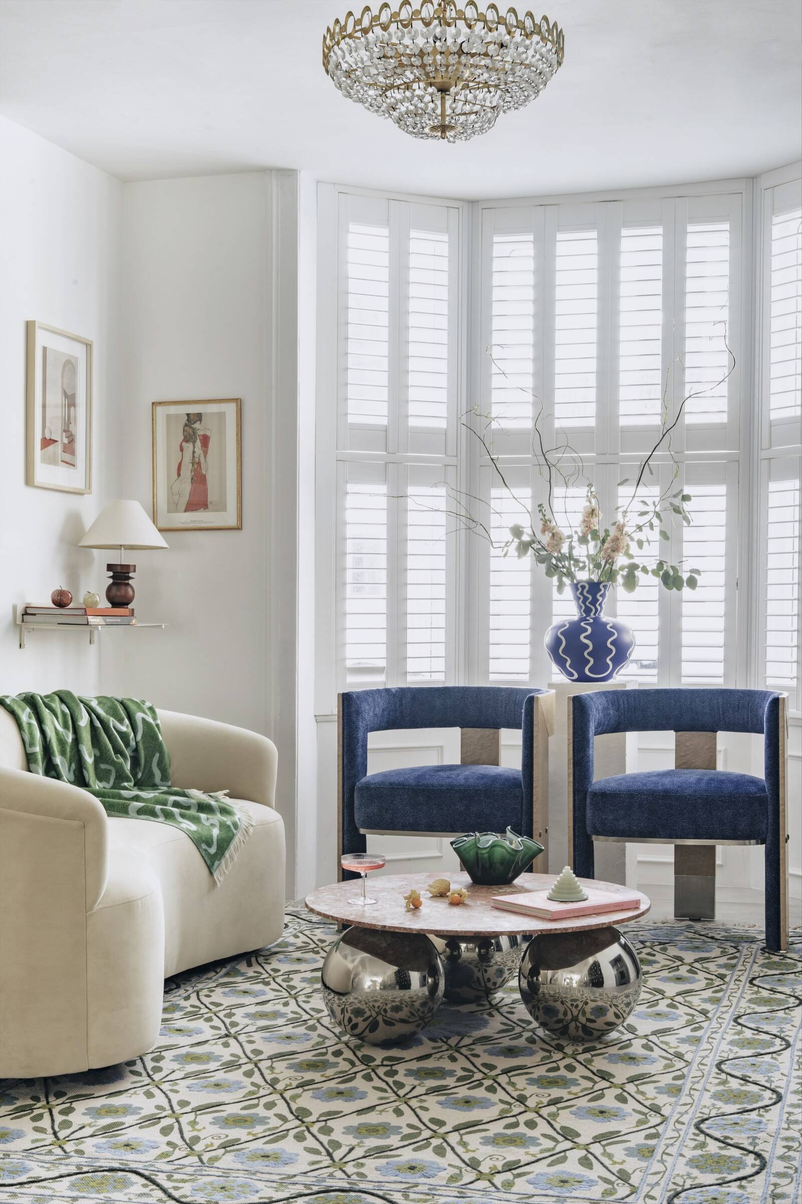 Brighton contemporary living room with blue and green accents and bespoke furniture