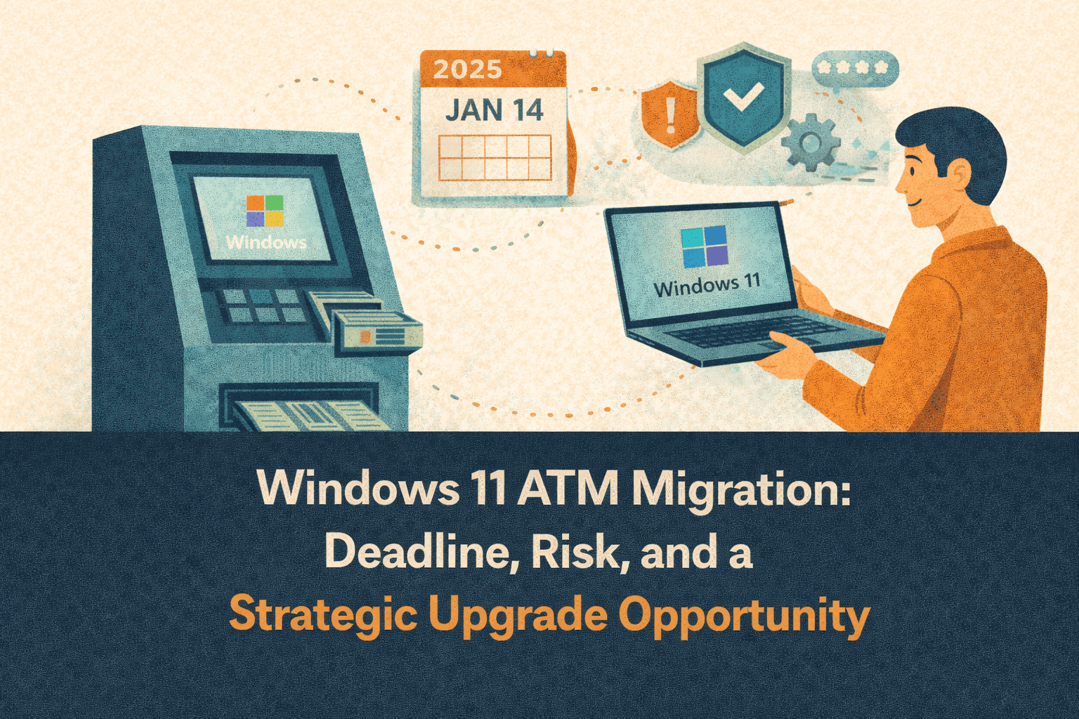Flat-style digital illustration showing an ATM displaying the Windows logo, connected to a laptop labeled Windows 11 held by a technician. A calendar icon marked with a January 2025 date highlights the migration deadline, while security shields, warning symbols, and gear icons represent risk management and strategic upgrades. The background is light beige with navy, teal, and orange tones, and a navy-blue bar at the bottom displays the blog title in bold white text: ‘Windows 11 ATM Migration: Deadline, Risk, and a Strategic Upgrade Opportunity’.