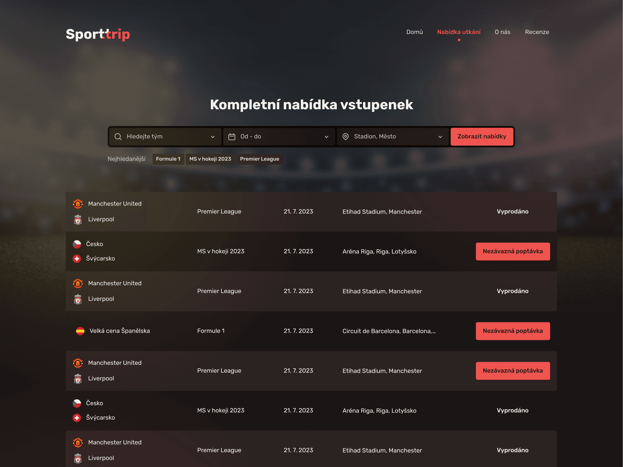 SportTrip: kompletní nabídka vstupenek v moderním tmavém designu s červenými akcenty, vyhledáváním zápasů a zobrazením stavu vstupenek.