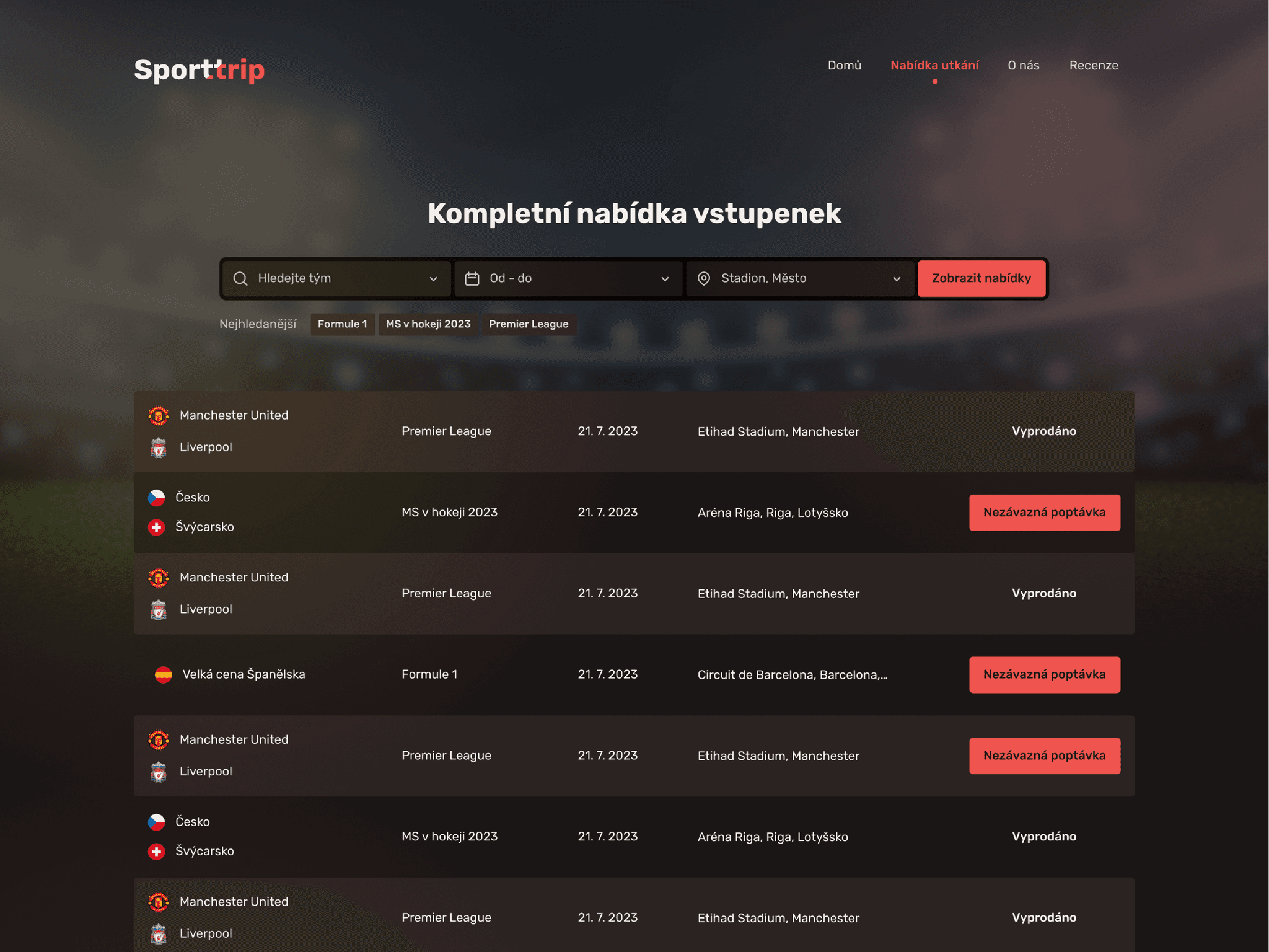 SportTrip: kompletní nabídka vstupenek v moderním tmavém designu s červenými akcenty, vyhledáváním zápasů a zobrazením stavu vstupenek.