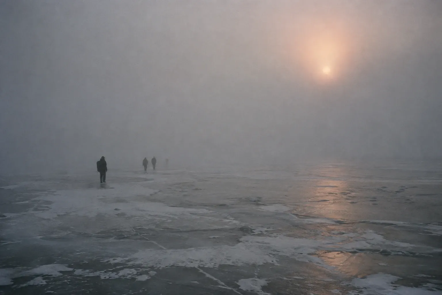 Small figures walking on the frozen sea in fog, with a pale sun and no horizon.