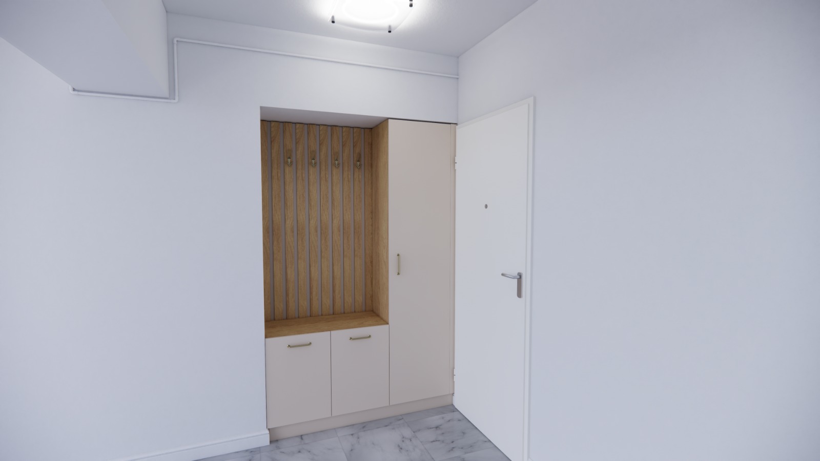 Variantă panoramică a nișei de hol: riflaj lemn, dulapuri inferioare bej și ușă laterală, spațiu luminos.