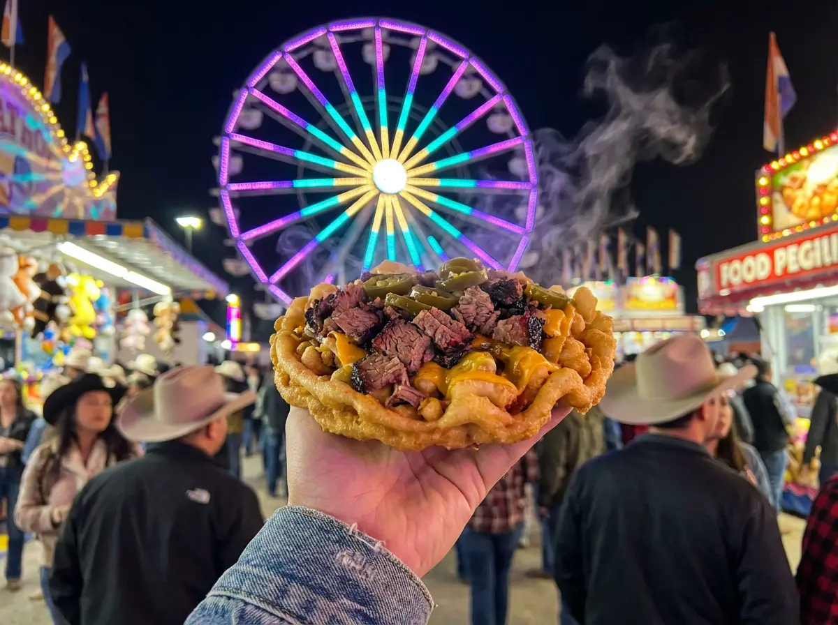 A vibrant night scene at the Houston Rodeo carnival with a lit-up Ferris wheel in the background, featuring a close-up of a person holding a decadent funnel cake topped with brisket, surrounded by colorful festival lights and a diverse crowd.