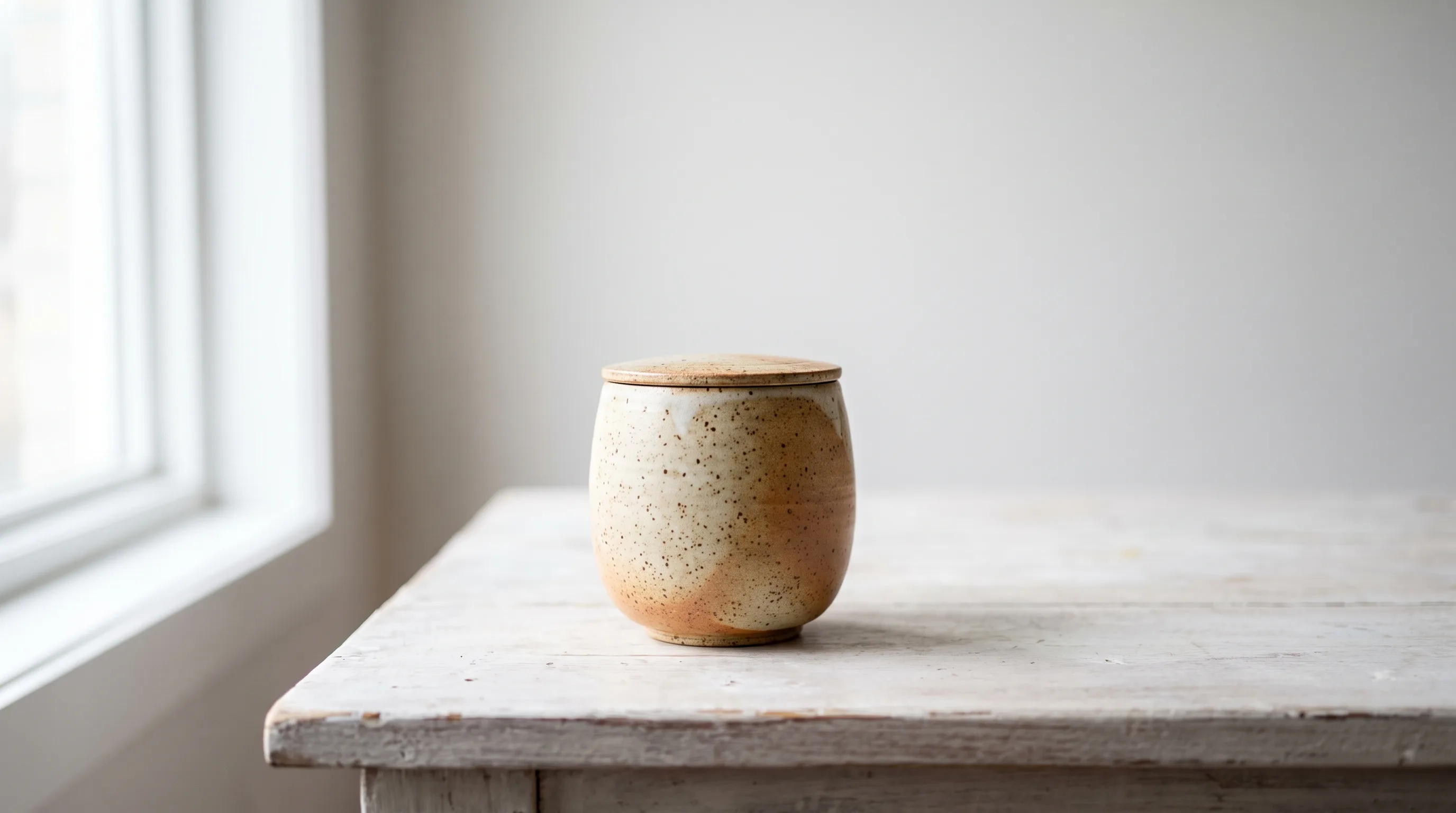 A single closed ceramic vessel on a whitewashed table with no other object in frame