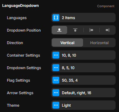 Simple Selector props panel showing Languages, Dropdown Position, Direction, and various styling settings