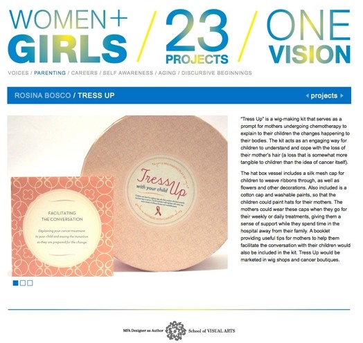 A screenshot of a website depicting a parenting kit for women and girls named Tress Up designed to help children understand the loss of hair of adults undergoing chemotherapy. The project is supported by SVA MFA Designer as Author.