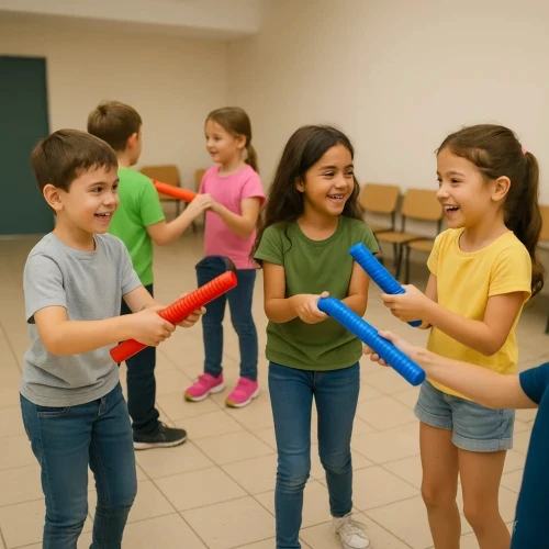 תצלום חי וצבעוני של קבוצת ילדים המשתתפים בפעילות תיפוף ומקצב של BTube בחדר מואר. הילדים מחייכים ומתרגלים בעזרת מקלות קצב צבעוניים (טורקיז וכתום).