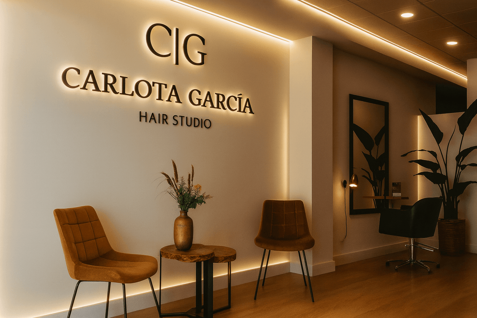 A serene and elegant spa space with wooden reclining chairs and white cushions. Golden sunlight filters through a cascading water feature, creating a peaceful atmosphere. Tropical plants and candles add to the relaxing ambiance.