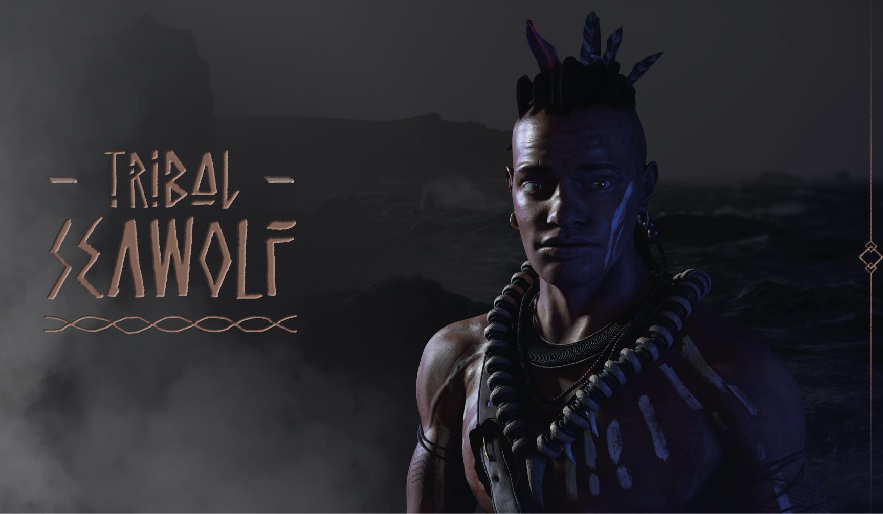 Grafika promocyjna i logo do projektu gry "Tribal Seawolf" – concept art postaci.