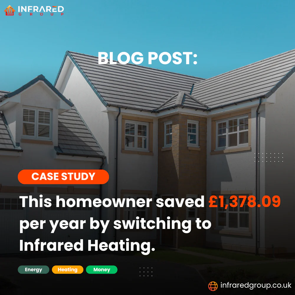 A photo of a large, white, 4 bedroom house in bright sunlight with a blue sky behind with text reading "Case Study: This homeowner saved £1,378.09 per eyar by switching to infrared heating."