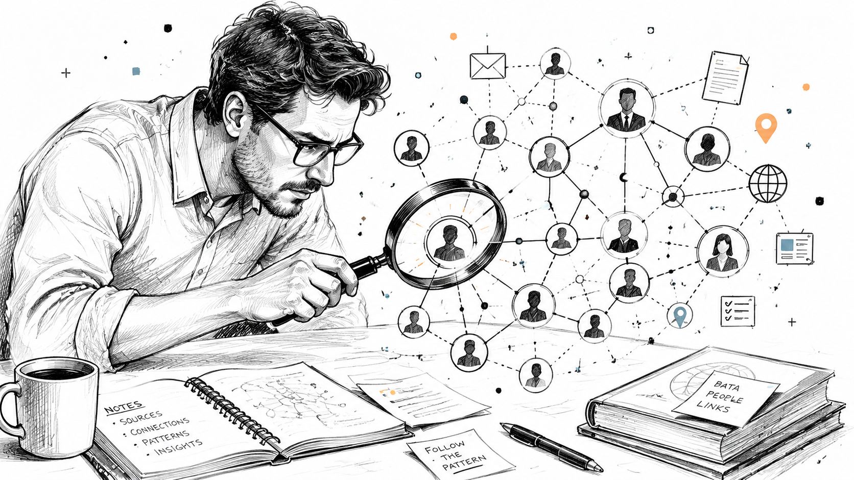 A man examines a complex network of people and connections with a magnifying glass.
