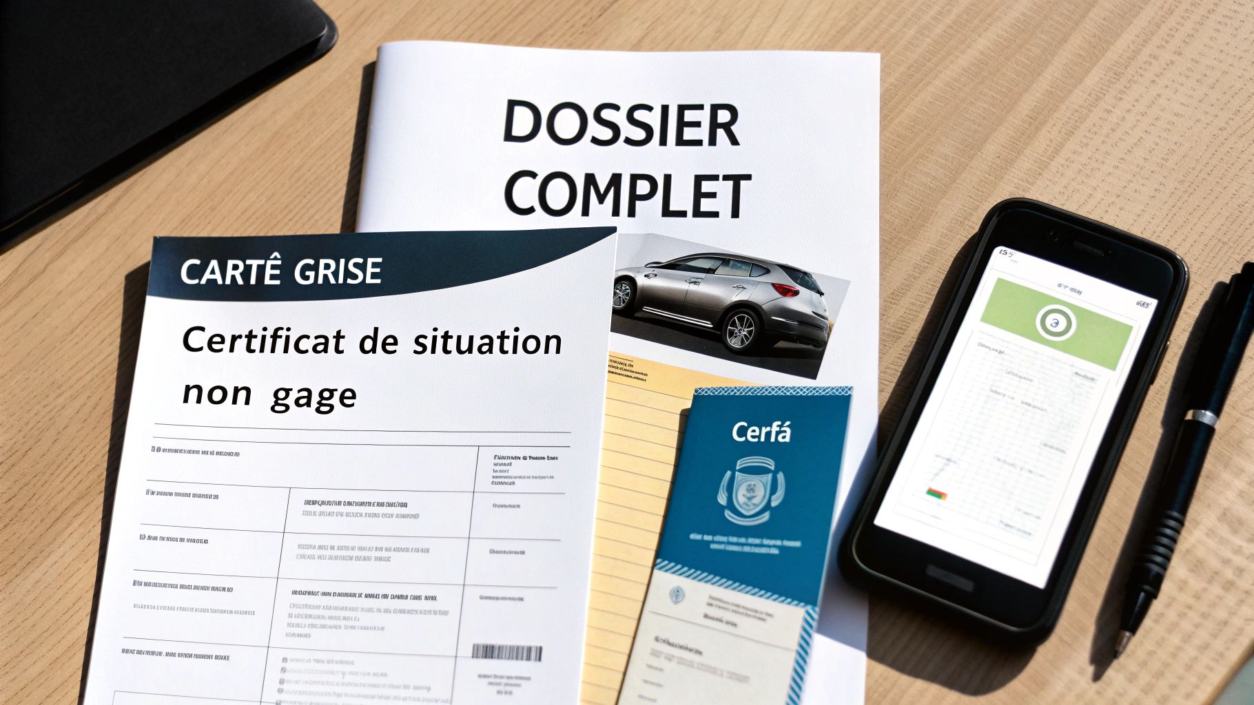 Documents administratifs pour voiture, dont carte grise et dossier complet, posés sur un bureau en bois avec un smartphone.