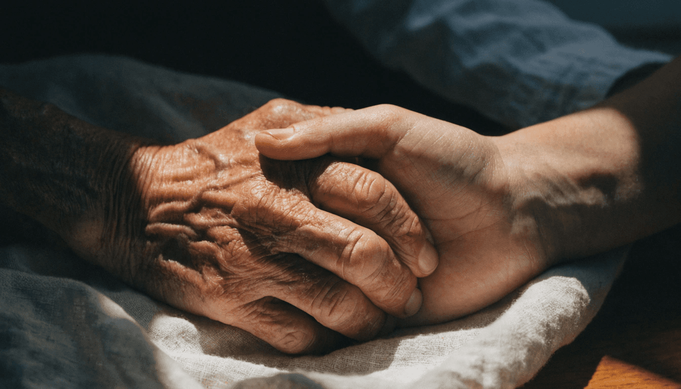 A realistic macro photograph of two hands—one weathered and old, one young—gently clasped together over a soft linen cloth.