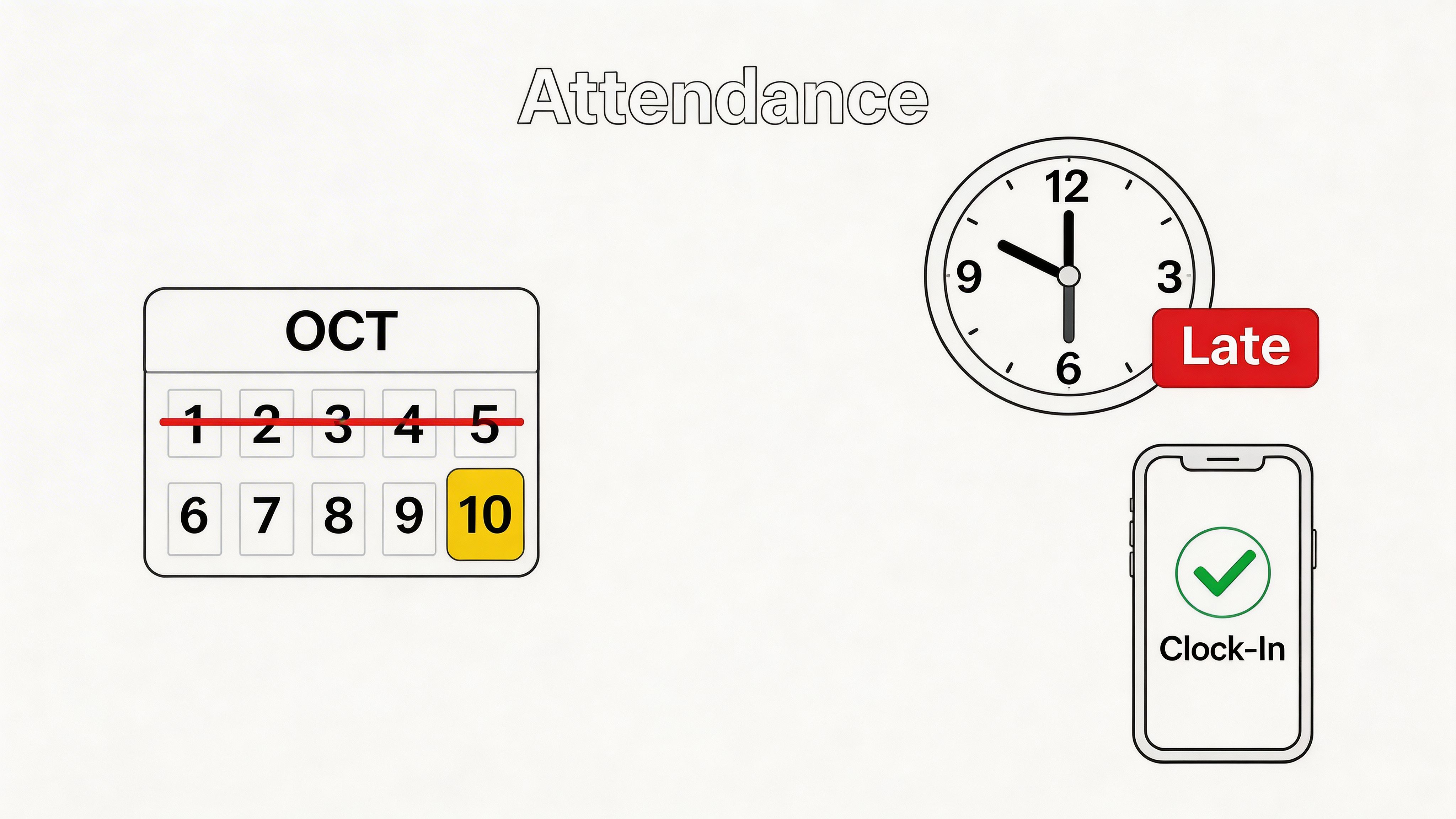 A digital calendar, an analog clock showing time, and a mobile phone icon representing employee attendance monitoring.
