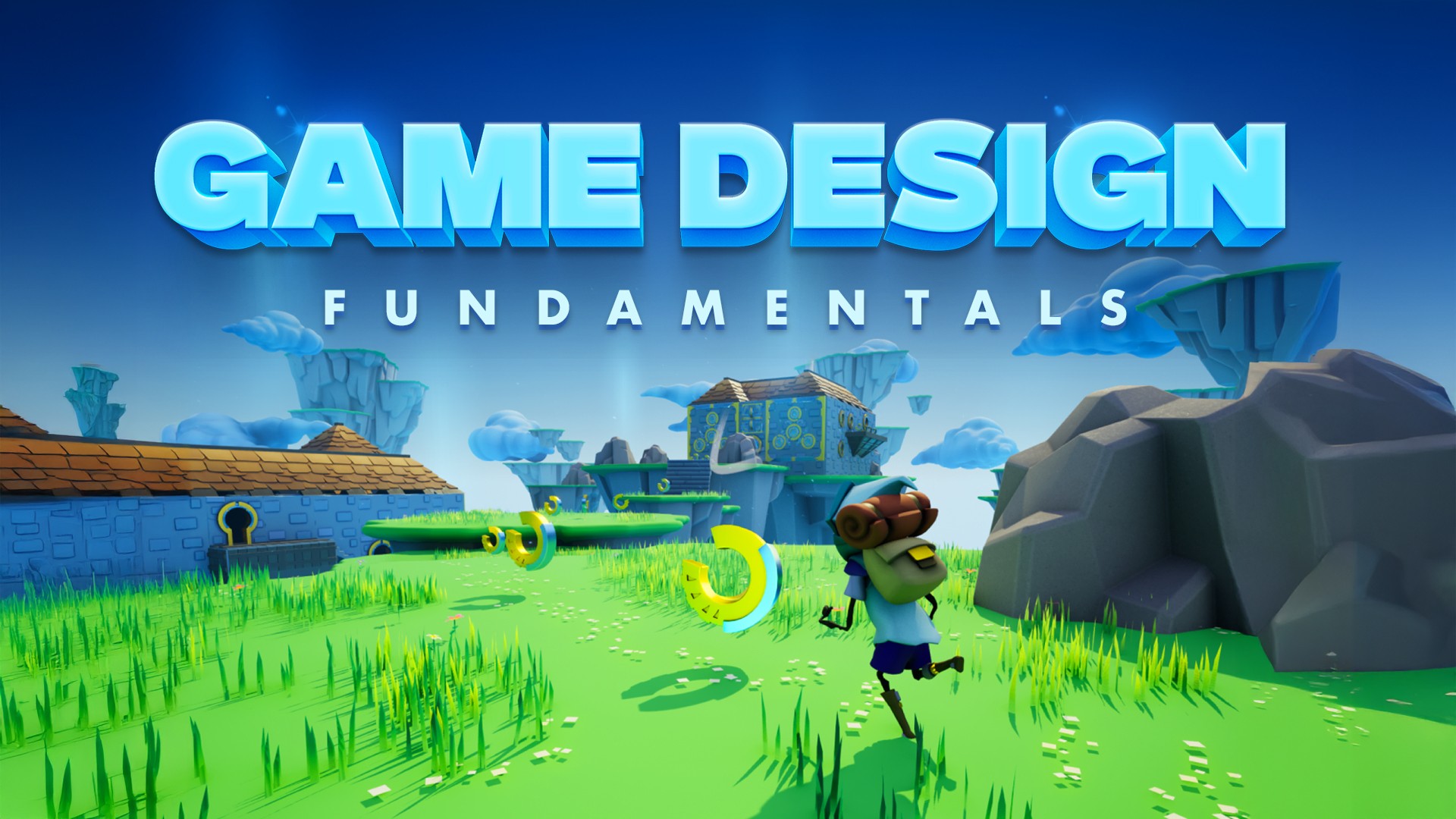 Colorful 3D platformer environment with character running and text ‘Game Design Fundamentals.’